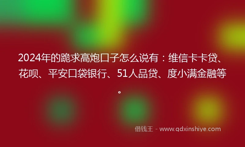 2024年的跪求高炮口子怎么说有：维信卡卡贷、花呗、平安口袋银行、51人品贷、度小满金融等。