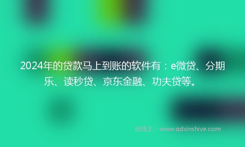 2024年的贷款马上到账的软件有：e微贷、分期乐、读秒贷、京东金融、功夫贷等。
