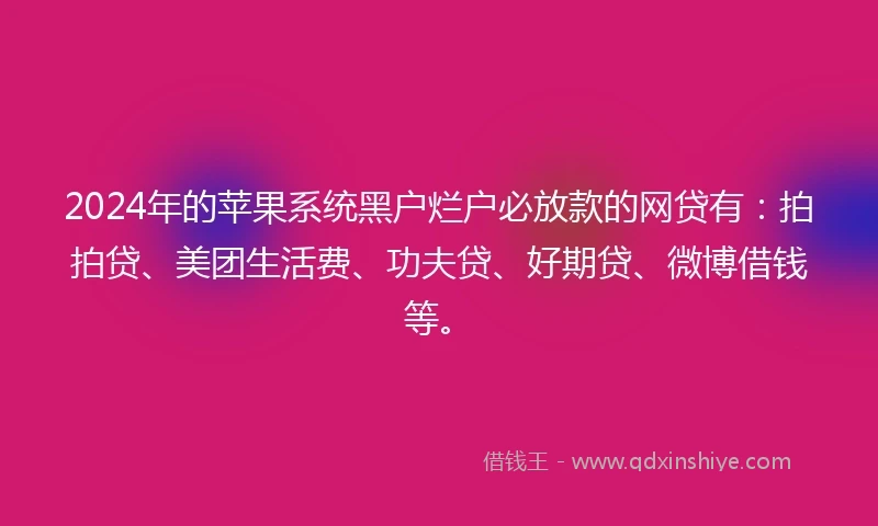 2024年的苹果系统黑户烂户必放款的网贷有：拍拍贷、美团生活费、功夫贷、好期贷、微博借钱等。