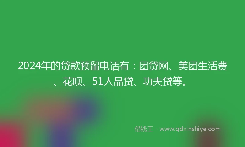 2024年的贷款预留电话有：团贷网、美团生活费、花呗、51人品贷、功夫贷等。