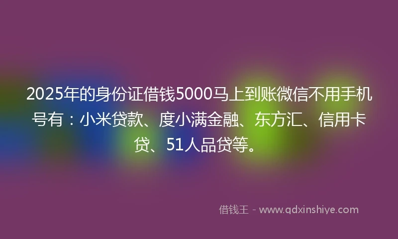 2025年的身份证借钱5000马上到账微信不用手机号有：小米贷款、度小满金融、东方汇、信用卡贷、51人品贷等。