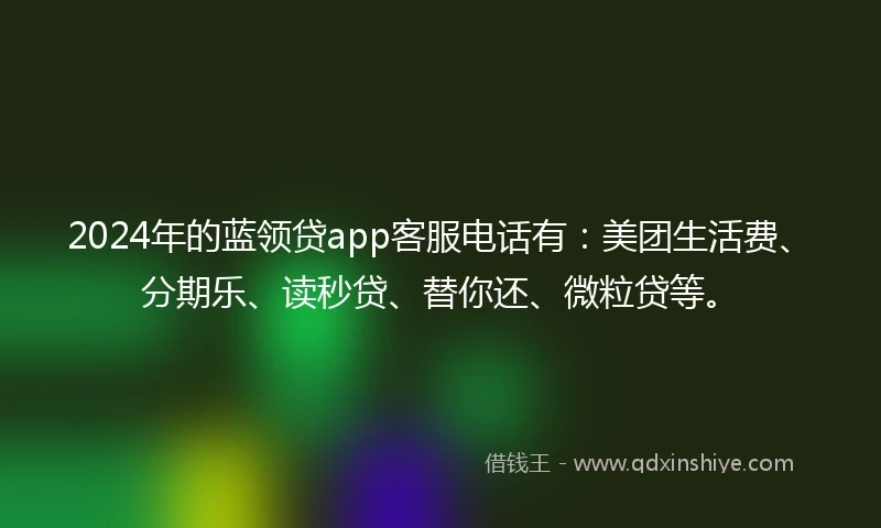 2024年的蓝领贷app客服电话有：美团生活费、分期乐、读秒贷、替你还、微粒贷等。