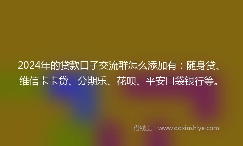 2024年的贷款口子交流群怎么添加有：随身贷、维信卡卡贷、分期乐、花呗、平安口袋银行等。