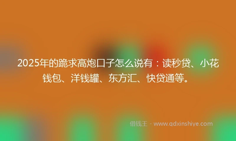 2025年的跪求高炮口子怎么说有：读秒贷、小花钱包、洋钱罐、东方汇、快贷通等。