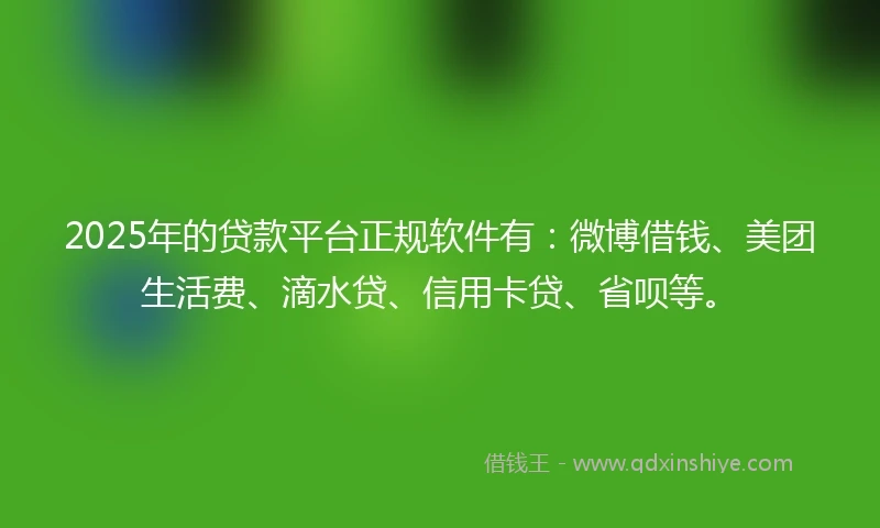 2025年的贷款平台正规软件有：微博借钱、美团生活费、滴水贷、信用卡贷、省呗等。