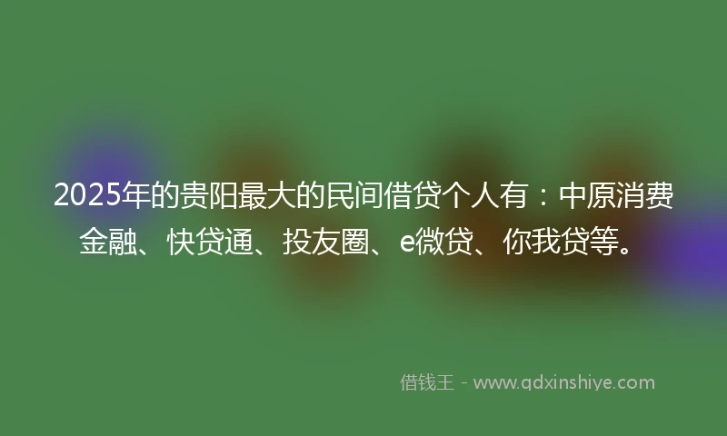 2025年的贵阳最大的民间借贷个人有：中原消费金融、快贷通、投友圈、e微贷、你我贷等。