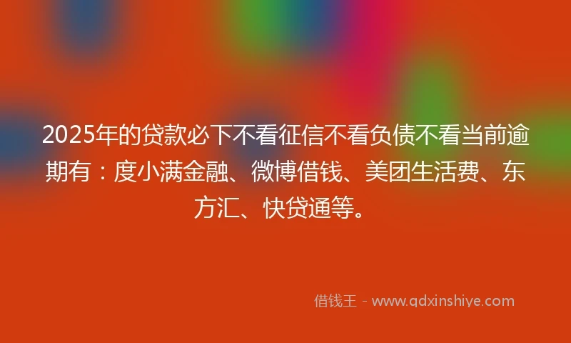 2025年的贷款必下不看征信不看负债不看当前逾期有：度小满金融、微博借钱、美团生活费、东方汇、快贷通等。