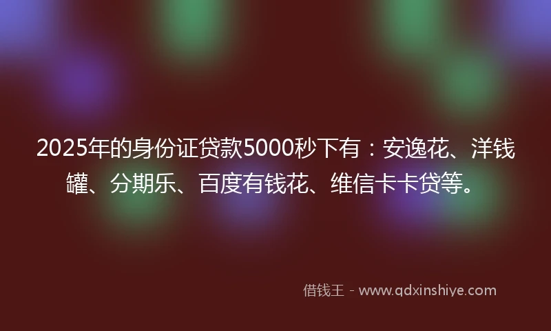 2025年的身份证贷款5000秒下有：安逸花、洋钱罐、分期乐、百度有钱花、维信卡卡贷等。