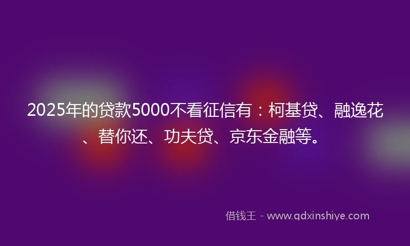 2025年的贷款5000不看征信有：柯基贷、融逸花、替你还、功夫贷、京东金融等。