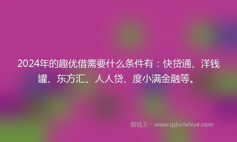 2024年的趣优借需要什么条件有：快贷通、洋钱罐、东方汇、人人贷、度小满金融等。