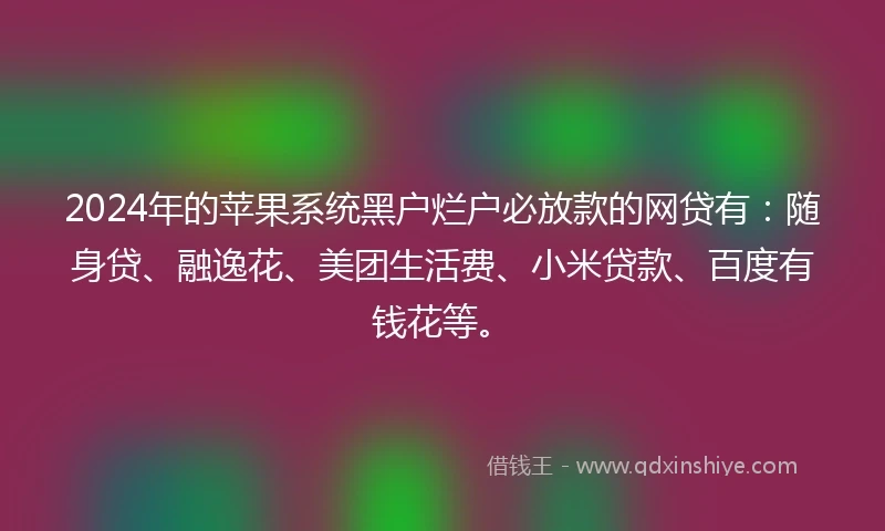 2024年的苹果系统黑户烂户必放款的网贷有：随身贷、融逸花、美团生活费、小米贷款、百度有钱花等。