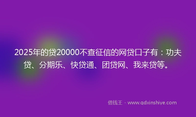 2025年的贷20000不查征信的网贷口子有：功夫贷、分期乐、快贷通、团贷网、我来贷等。