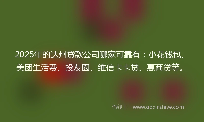 2025年的达州贷款公司哪家可靠有：小花钱包、美团生活费、投友圈、维信卡卡贷、惠商贷等。