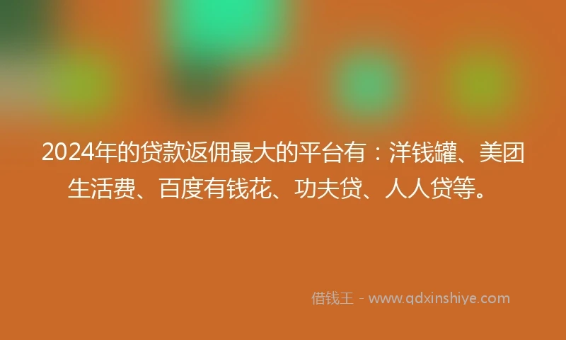 2024年的贷款返佣最大的平台有：洋钱罐、美团生活费、百度有钱花、功夫贷、人人贷等。