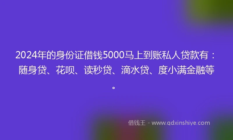 2024年的身份证借钱5000马上到账私人贷款有：随身贷、花呗、读秒贷、滴水贷、度小满金融等。