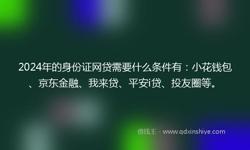 2024年的身份证网贷需要什么条件有：小花钱包、京东金融、我来贷、平安i贷、投友圈等。