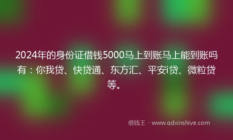 2024年的身份证借钱5000马上到账马上能到账吗有：你我贷、快贷通、东方汇、平安i贷、微粒贷等。