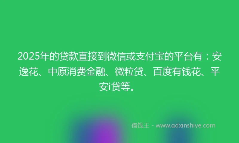 2025年的贷款直接到微信或支付宝的平台有：安逸花、中原消费金融、微粒贷、百度有钱花、平安i贷等。