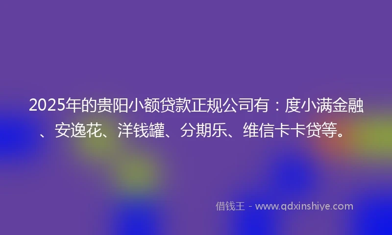 2025年的贵阳小额贷款正规公司有：度小满金融、安逸花、洋钱罐、分期乐、维信卡卡贷等。