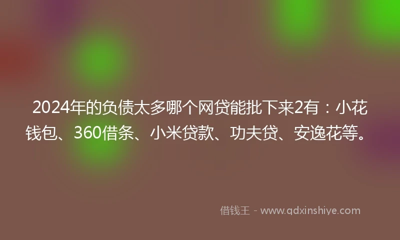2024年的负债太多哪个网贷能批下来2有：小花钱包、360借条、小米贷款、功夫贷、安逸花等。