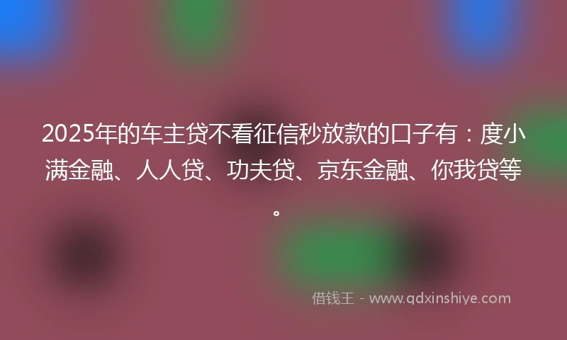 2025年的车主贷不看征信秒放款的口子有：度小满金融、人人贷、功夫贷、京东金融、你我贷等。