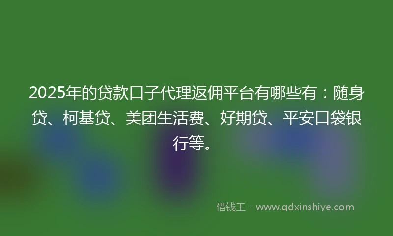 2025年的贷款口子代理返佣平台有哪些有：随身贷、柯基贷、美团生活费、好期贷、平安口袋银行等。