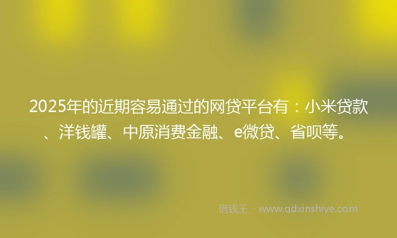 2025年的近期容易通过的网贷平台有：小米贷款、洋钱罐、中原消费金融、e微贷、省呗等。