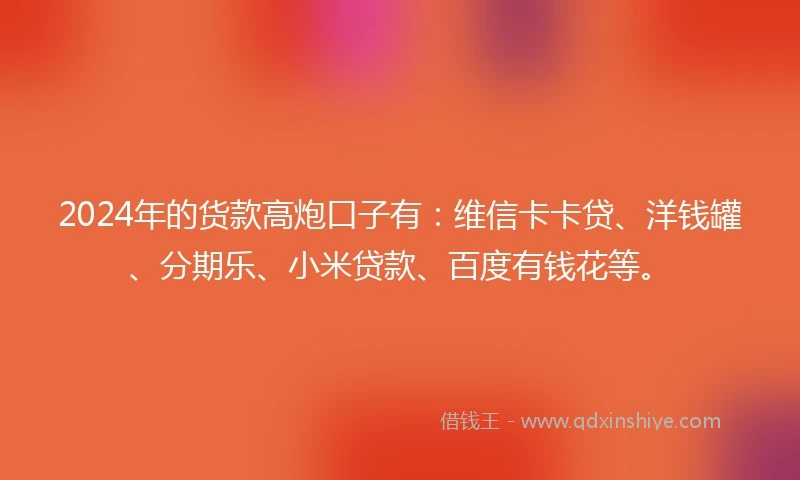 2024年的货款高炮口子有：维信卡卡贷、洋钱罐、分期乐、小米贷款、百度有钱花等。