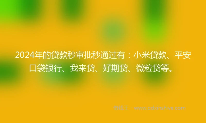 2024年的贷款秒审批秒通过有：小米贷款、平安口袋银行、我来贷、好期贷、微粒贷等。