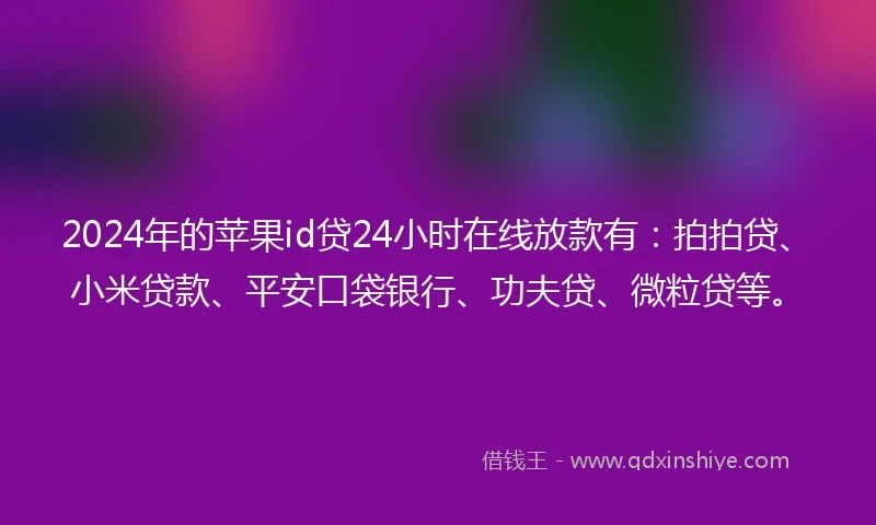 2024年的苹果id贷24小时在线放款有：拍拍贷、小米贷款、平安口袋银行、功夫贷、微粒贷等。