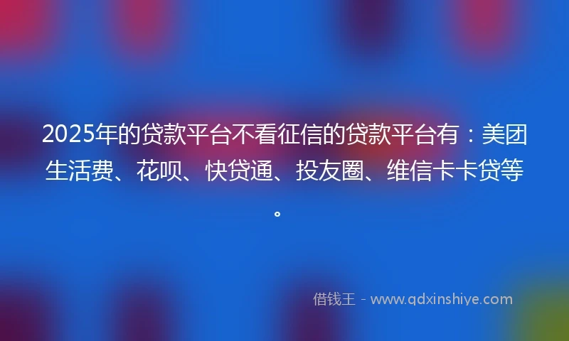 2025年的贷款平台不看征信的贷款平台有：美团生活费、花呗、快贷通、投友圈、维信卡卡贷等。