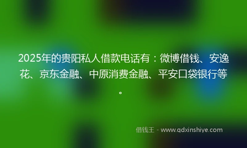 2025年的贵阳私人借款电话有：微博借钱、安逸花、京东金融、中原消费金融、平安口袋银行等。