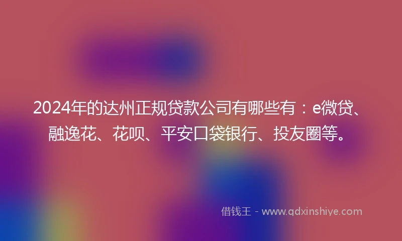2024年的达州正规贷款公司有哪些有：e微贷、融逸花、花呗、平安口袋银行、投友圈等。