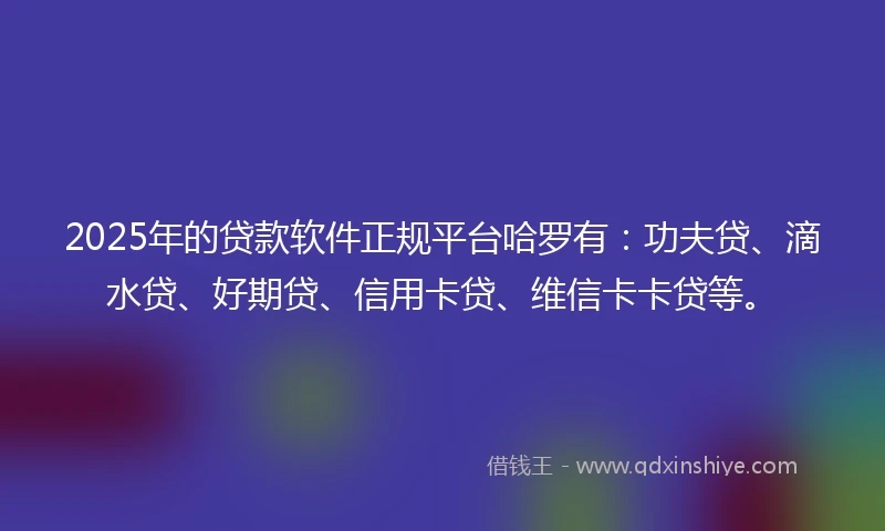 2025年的贷款软件正规平台哈罗有：功夫贷、滴水贷、好期贷、信用卡贷、维信卡卡贷等。