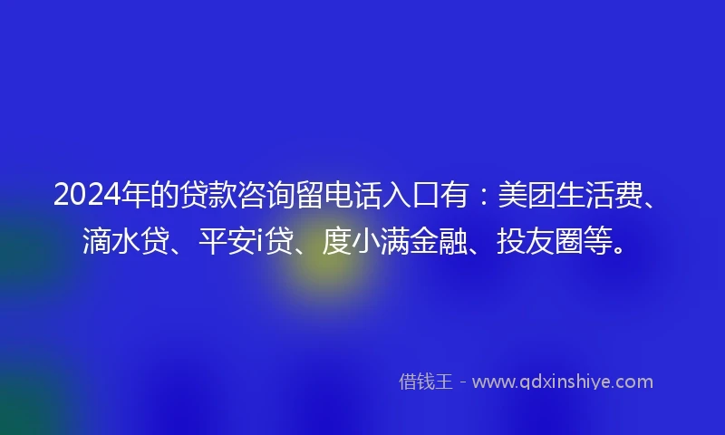 2024年的贷款咨询留电话入口有：美团生活费、滴水贷、平安i贷、度小满金融、投友圈等。