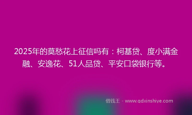 2025年的莫愁花上征信吗有：柯基贷、度小满金融、安逸花、51人品贷、平安口袋银行等。
