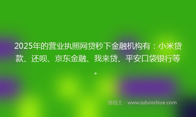 2025年的营业执照网贷秒下金融机构有：小米贷款、还呗、京东金融、我来贷、平安口袋银行等。