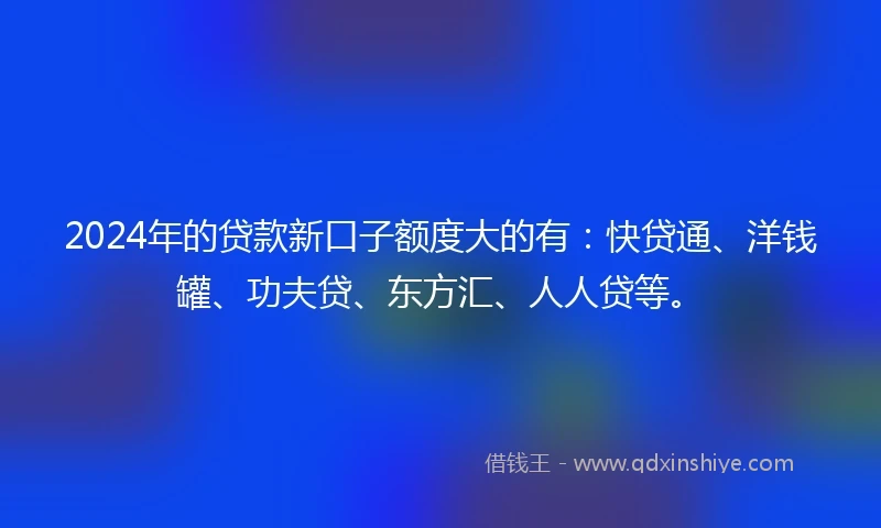 2024年的贷款新口子额度大的有：快贷通、洋钱罐、功夫贷、东方汇、人人贷等。