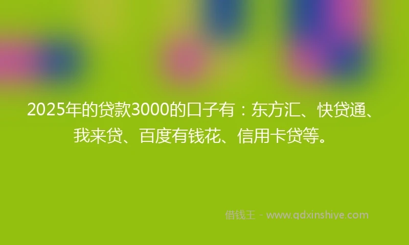 2025年的贷款3000的口子有：东方汇、快贷通、我来贷、百度有钱花、信用卡贷等。