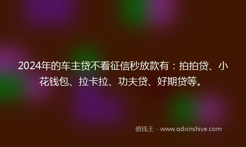 2024年的车主贷不看征信秒放款有：拍拍贷、小花钱包、拉卡拉、功夫贷、好期贷等。