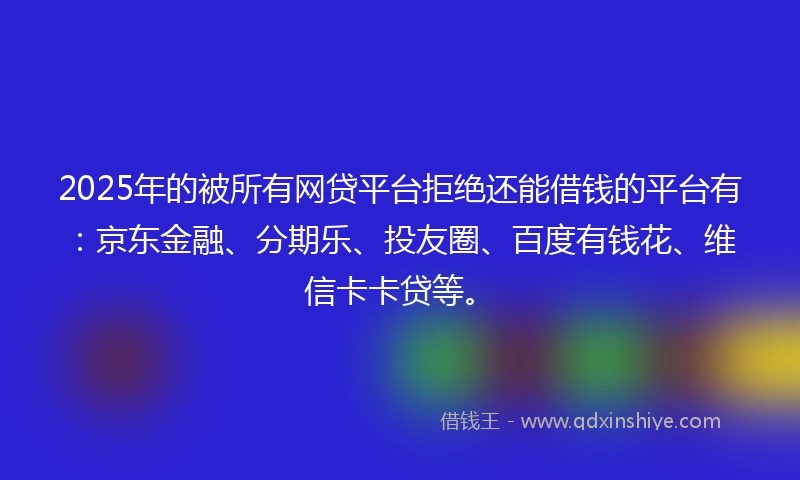 2025年的被所有网贷平台拒绝还能借钱的平台有：京东金融、分期乐、投友圈、百度有钱花、维信卡卡贷等。