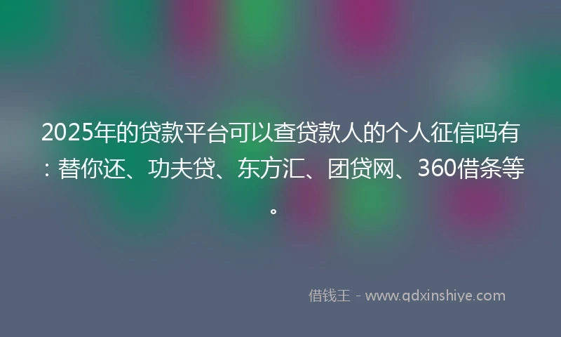 2025年的贷款平台可以查贷款人的个人征信吗有：替你还、功夫贷、东方汇、团贷网、360借条等。