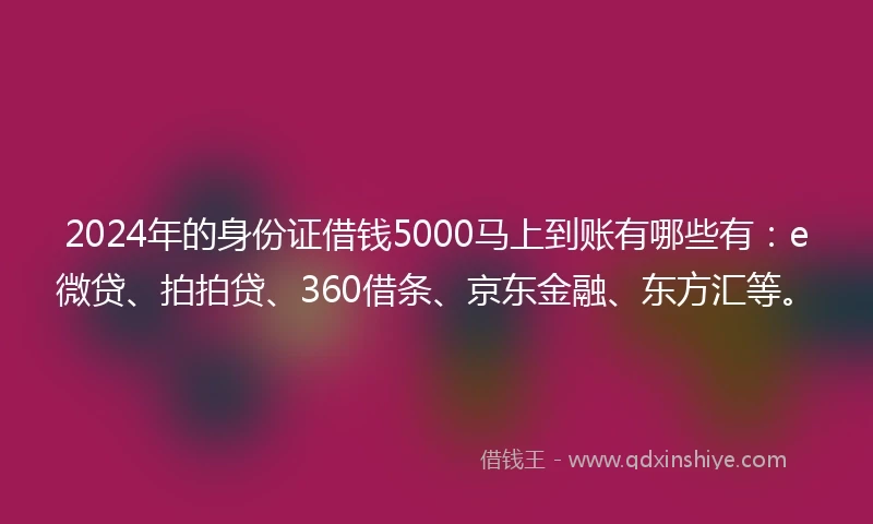 2024年的身份证借钱5000马上到账有哪些有：e微贷、拍拍贷、360借条、京东金融、东方汇等。