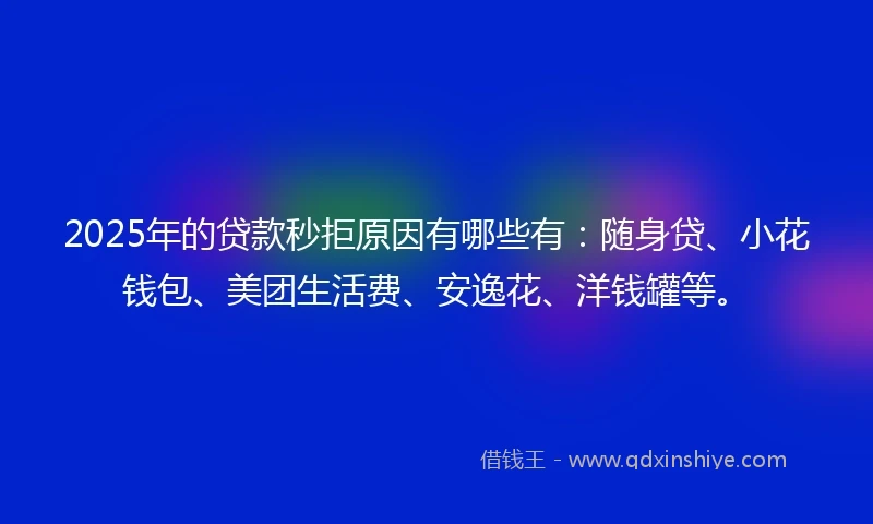 2025年的贷款秒拒原因有哪些有：随身贷、小花钱包、美团生活费、安逸花、洋钱罐等。