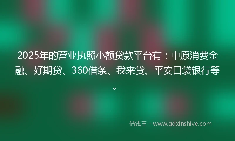 2025年的营业执照小额贷款平台有：中原消费金融、好期贷、360借条、我来贷、平安口袋银行等。