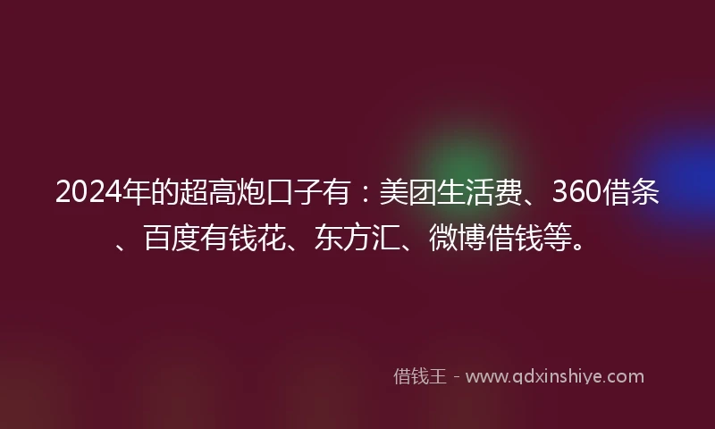 2024年的超高炮口子有：美团生活费、360借条、百度有钱花、东方汇、微博借钱等。