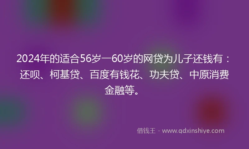 2024年的适合56岁一60岁的网贷为儿子还钱有：还呗、柯基贷、百度有钱花、功夫贷、中原消费金融等。
