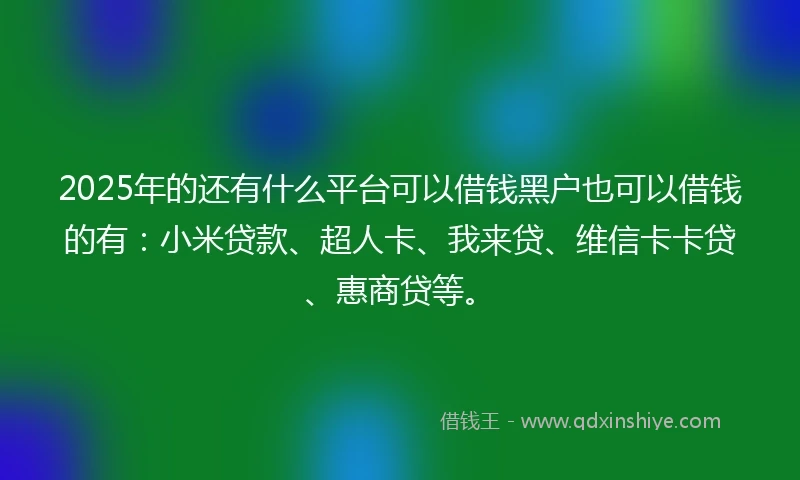 2025年的还有什么平台可以借钱黑户也可以借钱的有：小米贷款、超人卡、我来贷、维信卡卡贷、惠商贷等。