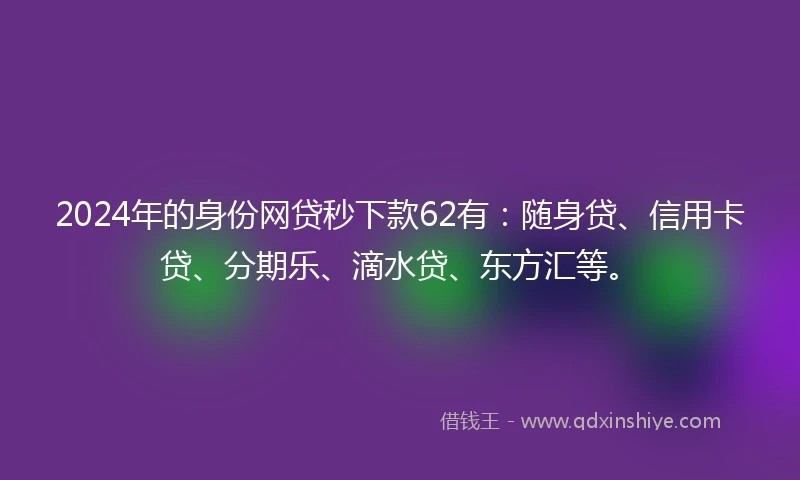 2024年的身份网贷秒下款62有：随身贷、信用卡贷、分期乐、滴水贷、东方汇等。