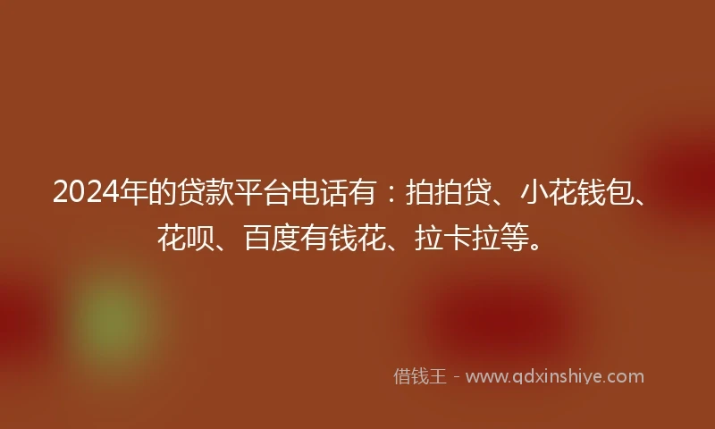 2024年的贷款平台电话有：拍拍贷、小花钱包、花呗、百度有钱花、拉卡拉等。